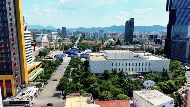 Aerial view of Skanderbeg Square in the city center Albania.