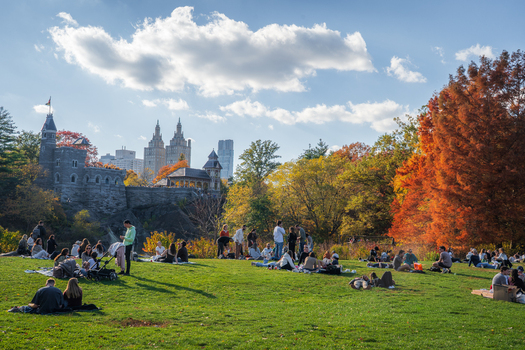 Manhattan United States 08 November 2025 View of people relaxing on the Great Lawn the Belvedere Castle standing proudly against the skyline framed by autumn foliage. Manhattan United States 08 November 2025 View of people relaxing on the Great Lawn the Belvedere Castle standing proudly against the skyline framed by autumn foliage.