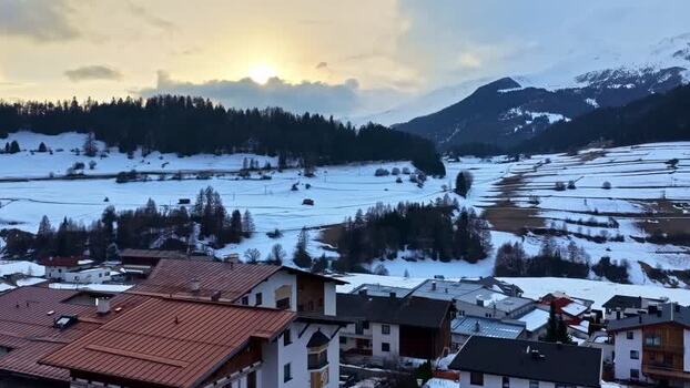 Aerial view of Nauders village with snowy rooftops Austria.