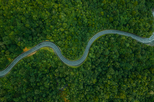 Aerial view of a winding asphalt road cutting through a dense green forest in Cape Reinga Northland Region New Zealand. Aerial view of a winding asphalt road cutting through a dense green forest in Cape Reinga Northland Region New Zealand.