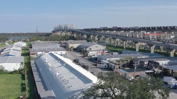 Aerial view of train on bridge United States. Aerial view of train on bridge United States.