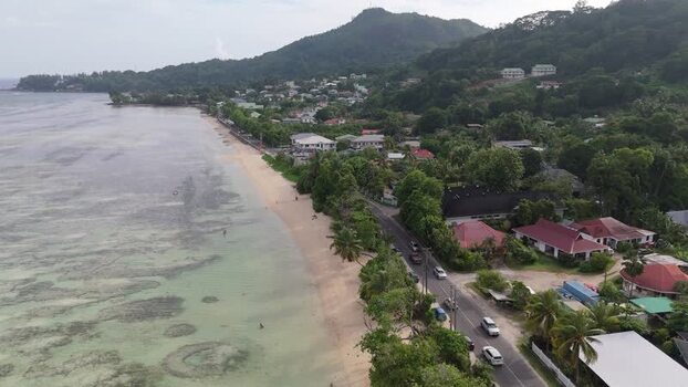 Aerial view of Mahe coastline and beach in Seychelles.