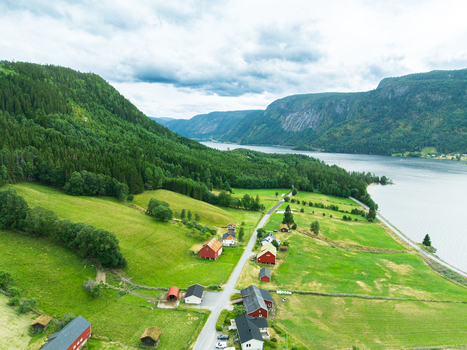 Aerial view of traditional red wooden houses lush green fields and a road winding along the lake and forested mountains in Araksbo Agder Norway.