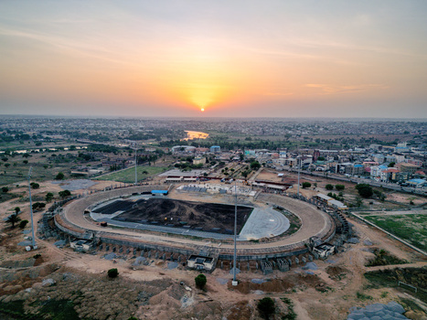Kaduna Nigeria 02 May 2026 Aerial view of Ahmadu Bello Stadium during sunset with the city skyline and Kaduna River in the background. Kaduna Nigeria 02 May 2026 Aerial view of Ahmadu Bello Stadium during sunset with the city skyline and Kaduna River in the background.
