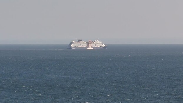 Aerial view of a cruise ship near Cascais Portugal.