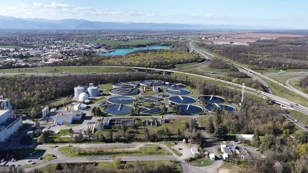 Aerial view of water treatment plant France.