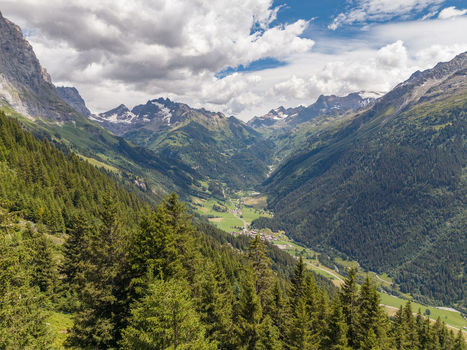 Aerial view of the Gadmen valley in the Swiss Alps featuring lush pine forests green meadows and dramatic rocky mountain peaks under a cloudy summer sky in Gadmen Switzerland.