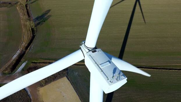 Aerial view of wind turbine United Kingdom.