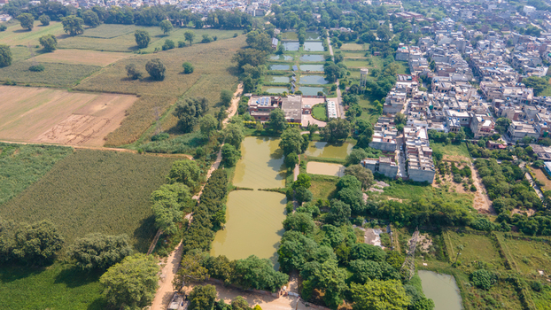 Lahore Pakistan 08 September 2026 Aerial view of fish ponds surrounded by lush green trees agricultural fields and a residential area.