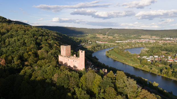 Aerial view of the historic Henneburg castle ruins situated on a forested hillside overlooking the Main river near the town of Stadtprozelten Bayern Germany.