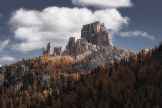 Aerial view of the Dolomites with rocky peaks rising above a dense forest of autumn larch trees under a blue sky in Rocca Pietore Veneto Italy. Aerial view of the Dolomites with rocky peaks rising above a dense forest of autumn larch trees under a blue sky in Rocca Pietore Veneto Italy.
