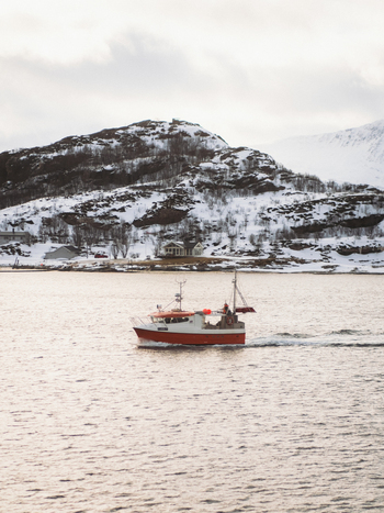 View of a red and white fishing boat slicing through the shimmering waters against a backdrop of snow dusted mountains Brensholmen Troms Norway. View of a red and white fishing boat slicing through the shimmering waters against a backdrop of snow dusted mountains Brensholmen Troms Norway.