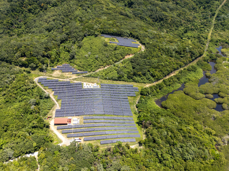 Aerial view of a large solar panel farm surrounded by lush green tropical forest and rolling hills in Guanaja Bay Islands Department Honduras.