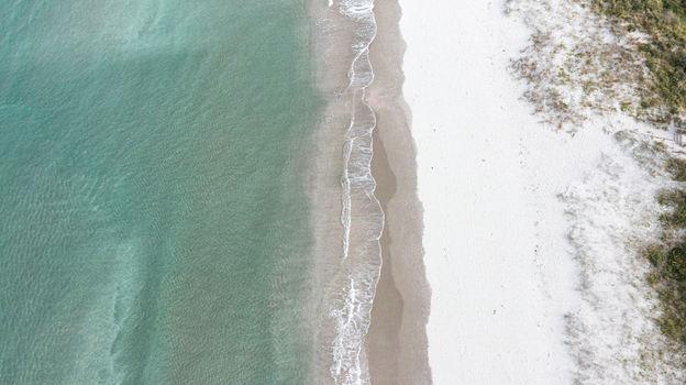 Aerial view of the white sand beach and turquoise water at Omaha Beach with gentle waves lapping the shore in Omaha Auckland New Zealand.