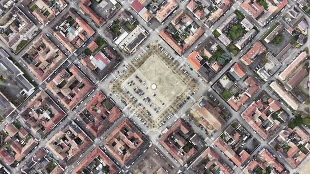 Aerial view of buildings and a central square France.