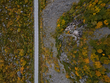 Aerial view of a straight asphalt road passing through a rugged mountain landscape with autumn foliage and rocky slopes in Henningsvaer Nordland Norway.