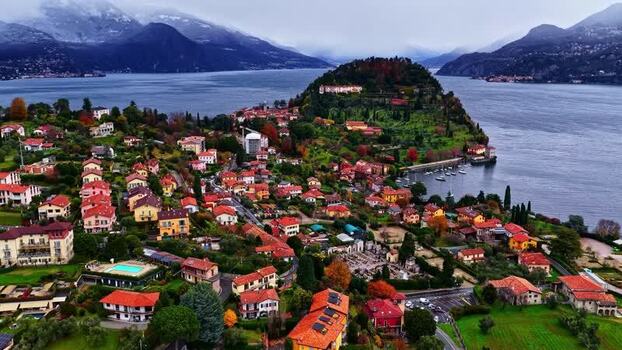 Aerial view of Varenna on Lake Como Italy.