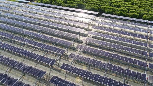 Aerial view of solar farm in Faenza Italy.