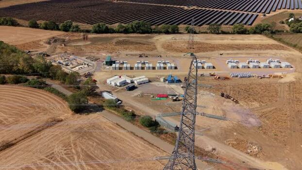 Aerial view of Eaton Socon Substation BESS and solar farm United Kingdom.
