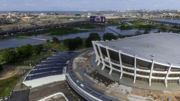 Aerial view of the Wole Soyinka Centre for Culture and Creative Arts with its unique architecture surrounded by lush greenery and waterways in Lagos Lagos Nigeria. Aerial view of the Wole Soyinka Centre for Culture and Creative Arts with its unique architecture surrounded by lush greenery and waterways in Lagos Lagos Nigeria.