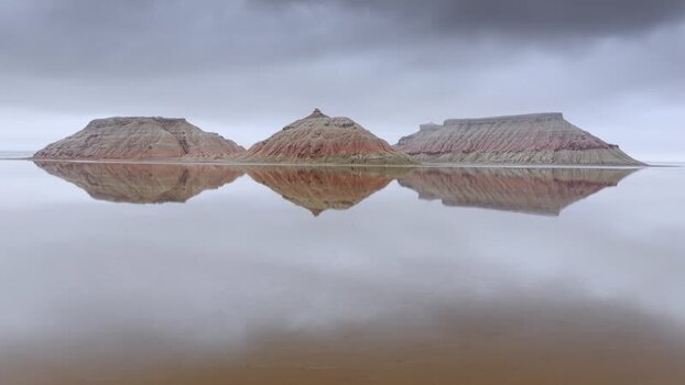 Aerial view of Karynzharyk mountains and reflections Kazakhstan.
