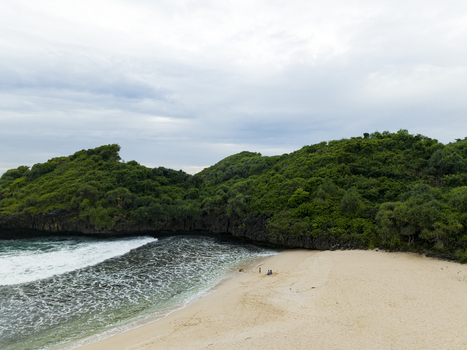 Aerial view of the serene Sedahan Beach where the foamy waves meet the light sand under the green canopy of trees Gunungkidul Regency Indonesia. Aerial view of the serene Sedahan Beach where the foamy waves meet the light sand under the green canopy of trees Gunungkidul Regency Indonesia.