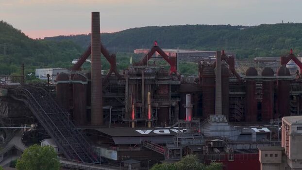 Aerial view of Volklingen Ironworks with industrial pipes Germany.