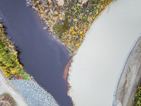 Aerial view of the confluence of a dark river and a silty light colored river surrounded by autumn colored trees and rocky banks in Moose Creek Alaska United States.
