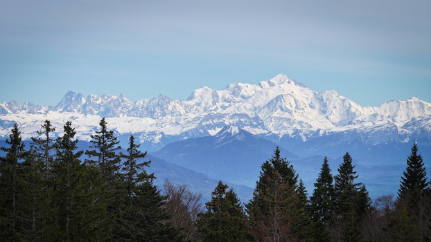 Aerial view of the snow capped Mont Blanc massif with jagged peaks and dense evergreen forest in the foreground Chamonix Auvergne Rhone Alpes France. Aerial view of the snow capped Mont Blanc massif with jagged peaks and dense evergreen forest in the foreground Chamonix Auvergne Rhone Alpes France.
