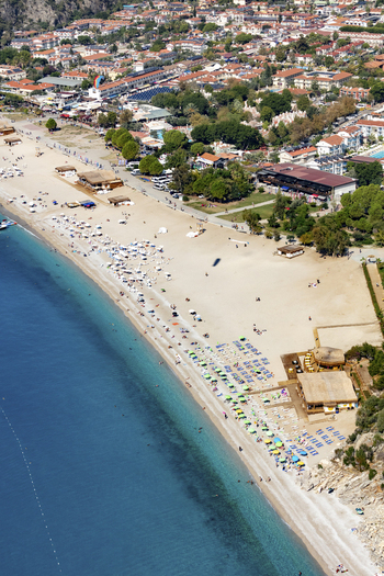 Aerial view of Belcekiz Beach in Oludeniz Fethiye Turkey.