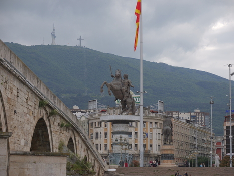View of the Alexander the Great Statue in Macedonia Square with the historic Stone Bridge and Vodno mountain in the background in Skopje Greater Skopje North Macedonia.