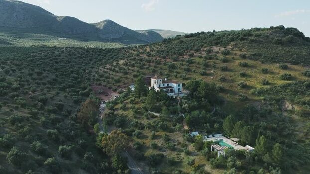 Aerial view of a white villa nestled in olive groves Spain.