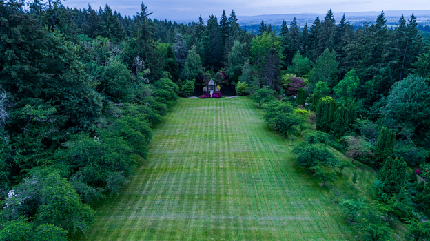 Aerial view of a long manicured lawn surrounded by dense evergreen forests and lush gardens near Northwest Skyline Boulevard in Portland Oregon United States. Aerial view of a long manicured lawn surrounded by dense evergreen forests and lush gardens near Northwest Skyline Boulevard in Portland Oregon United States.