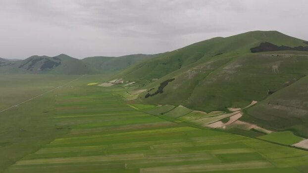 Aerial view of Castelluccio fields in Italy.