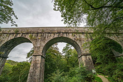 View of the historic stone arches of the Treffry Viaduct surrounded by lush woodland in the Luxulyan Valley Luxulyan Cornwall United Kingdom. View of the historic stone arches of the Treffry Viaduct surrounded by lush woodland in the Luxulyan Valley Luxulyan Cornwall United Kingdom.