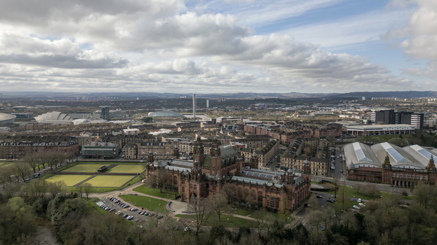 Glasgow Scotland United Kingdom 01 April 2024 Aerial view of the Kelvingrove Art Gallery and Museum surrounded by lush parkland and historic urban architecture. Glasgow Scotland United Kingdom 01 April 2024 Aerial view of the Kelvingrove Art Gallery and Museum surrounded by lush parkland and historic urban architecture.
