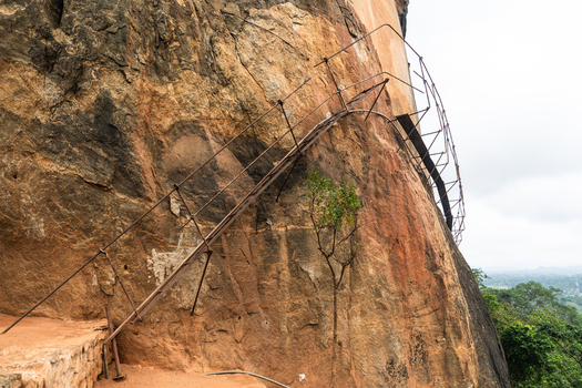 View of the steep metal staircase attached to the massive rock face of Sigiriya Lion Rock with lush green forest in the background Sigiriya Central Province Sri Lanka. View of the steep metal staircase attached to the massive rock face of Sigiriya Lion Rock with lush green forest in the background Sigiriya Central Province Sri Lanka.