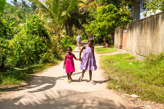 Sri Lanka 31 January 2026 View of two young girls walking hand in hand along a sun drenched dirt path surrounded by lush tropical greenery and palm trees.