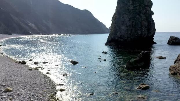 Aerial view of Glenlough Bay and sea stacks in Ireland.
