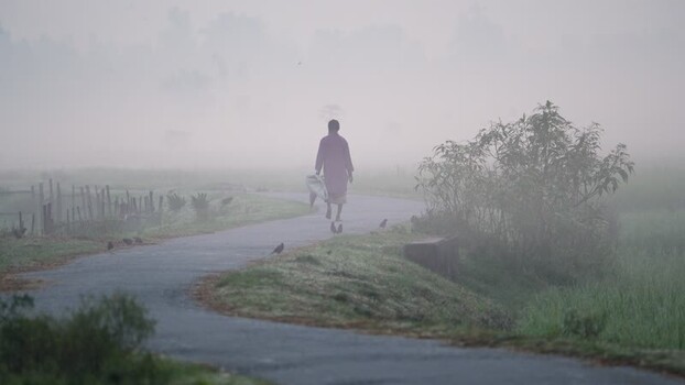 View of a person walking on a winding road in the fog Bangladesh.