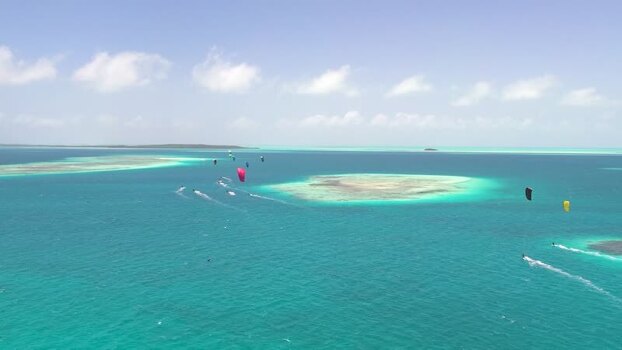Aerial view of kitesurfing in Los Roques archipelago Venezuela.