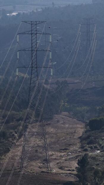 Aerial view of electric pylons Portugal.