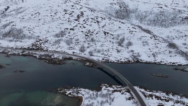 Aerial view of a bridge in Lofoten Norway.