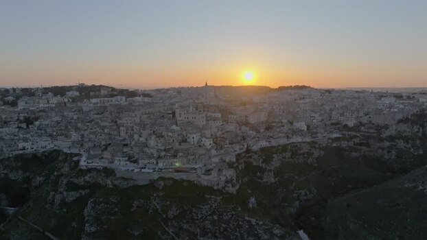 Aerial view of Sassi di Matera at sunset Italy.