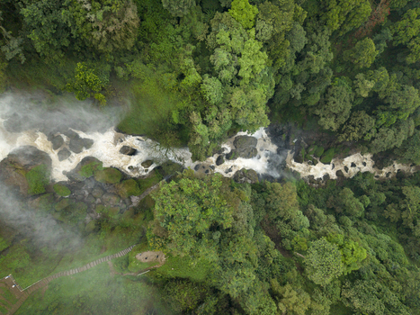 Aerial view of a cascading waterfall slicing through a dense vibrant green forest mist rising from the turbulent water Curugsewu Kendal Regency Indonesia. Aerial view of a cascading waterfall slicing through a dense vibrant green forest mist rising from the turbulent water Curugsewu Kendal Regency Indonesia.