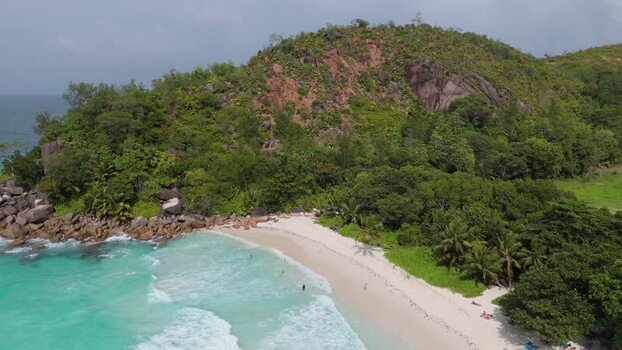 Aerial view of Anse Georgette beach in Grand Anse Seychelles.