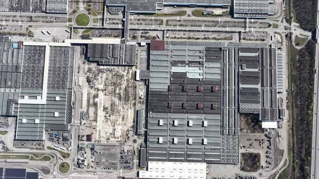 Aerial view of industrial complex France.