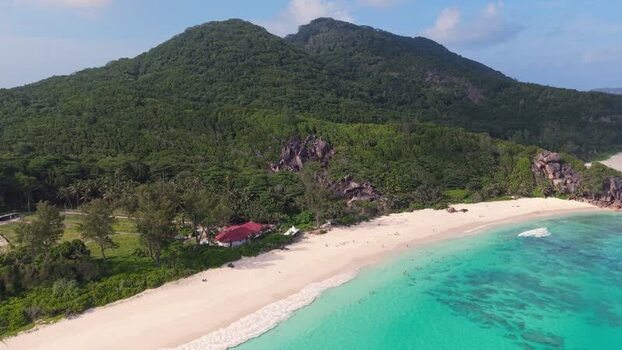 Aerial view of Anse Reunion beach in Seychelles.