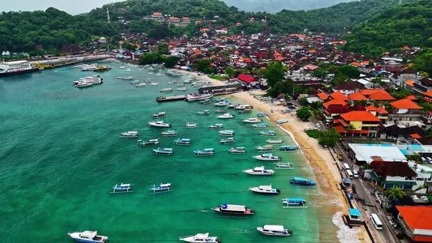 Aerial view of coastal town and boats in Bali Indonesia.