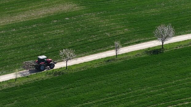 Aerial view of tractor on a path France.